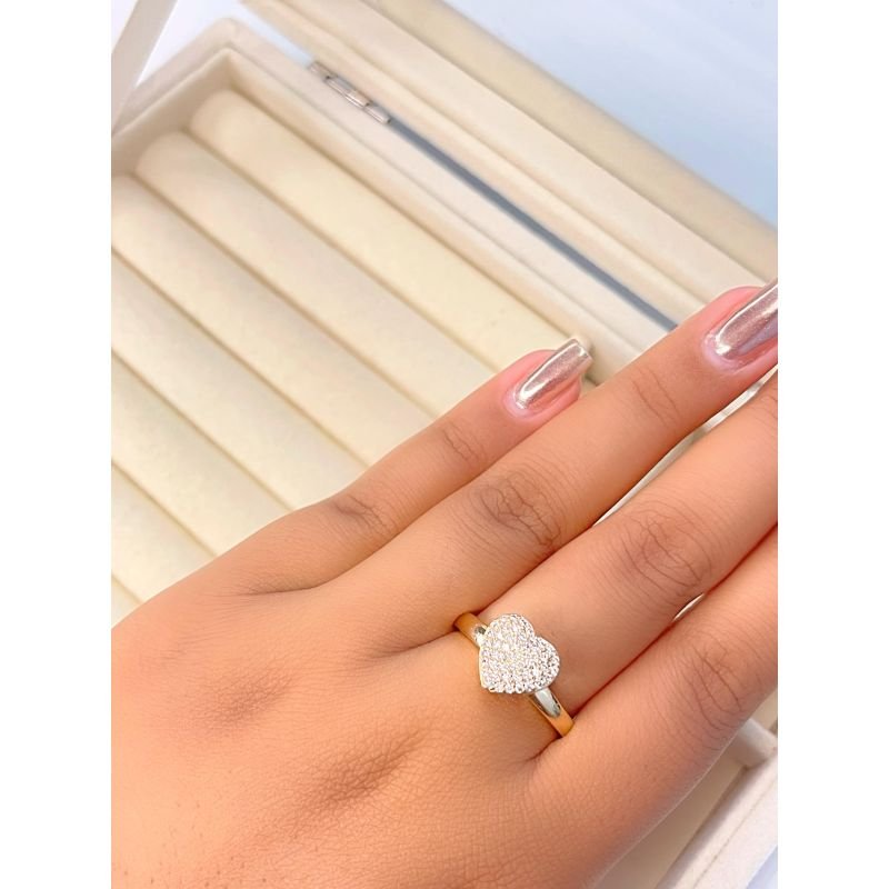 Anel chuveirinho coração de zircônia cristal banhado em ouro 18k