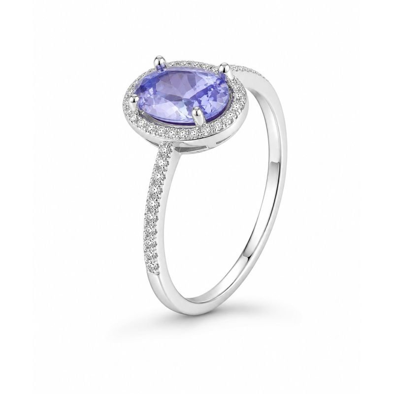 Anel zircônia oval roxa cravejada 7MM em prata 925