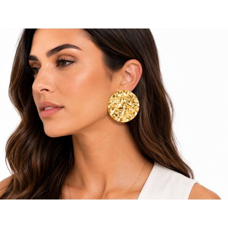 Brinco Disco Texturizado Maxi Banhado em Ouro 18K