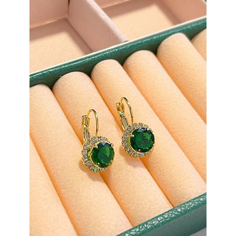 Brinco gancho com zircônia redonda verde e cristal ao redor banhado em ouro 18k