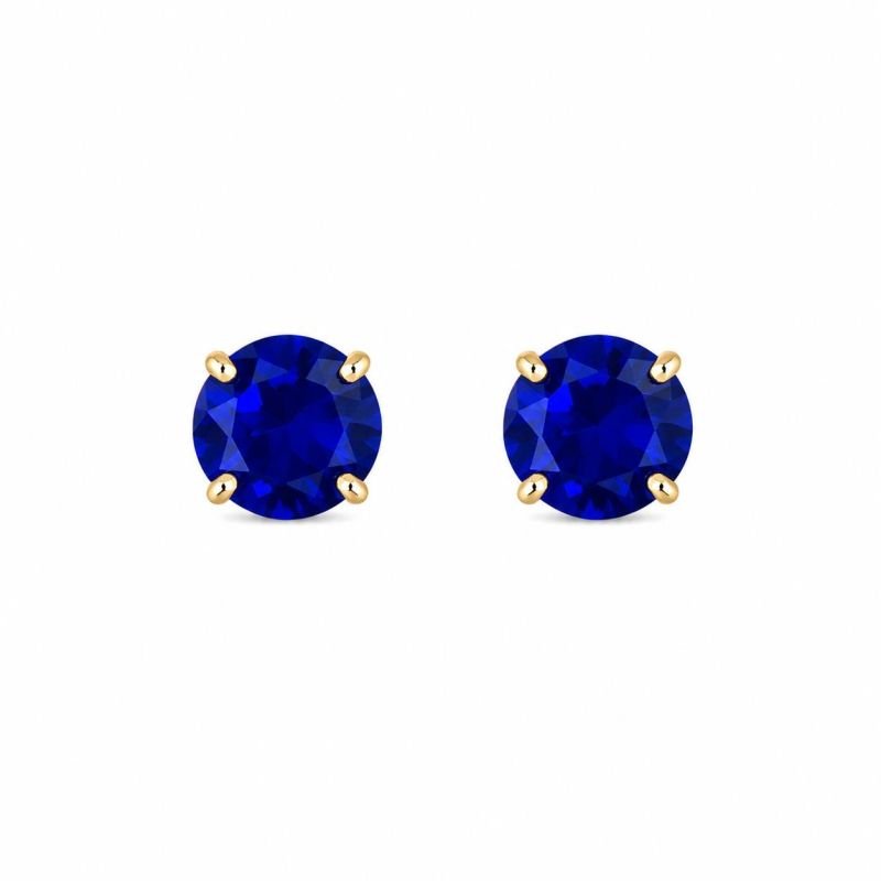 Brinco Ponto de Luz Azul Safira 8MM Redondo Banhado em Ouro 18k