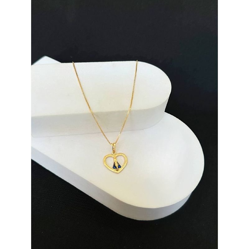Colar com pingente coração e Nossa Senhora Aparecida pequeno banhado em ouro 18k