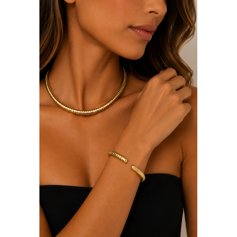 Conjunto Colar e Bracelete Tubular Flexível Banhado em Ouro 18k