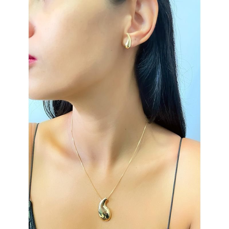 Conjunto de colar e brinco Aspas lisa banhado em ouro 18k