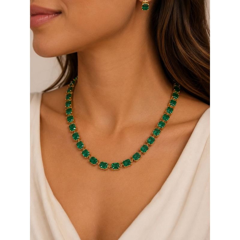 Conjunto de colar e brinco com zircônia quadrada Colombiana banhado em ouro 18k