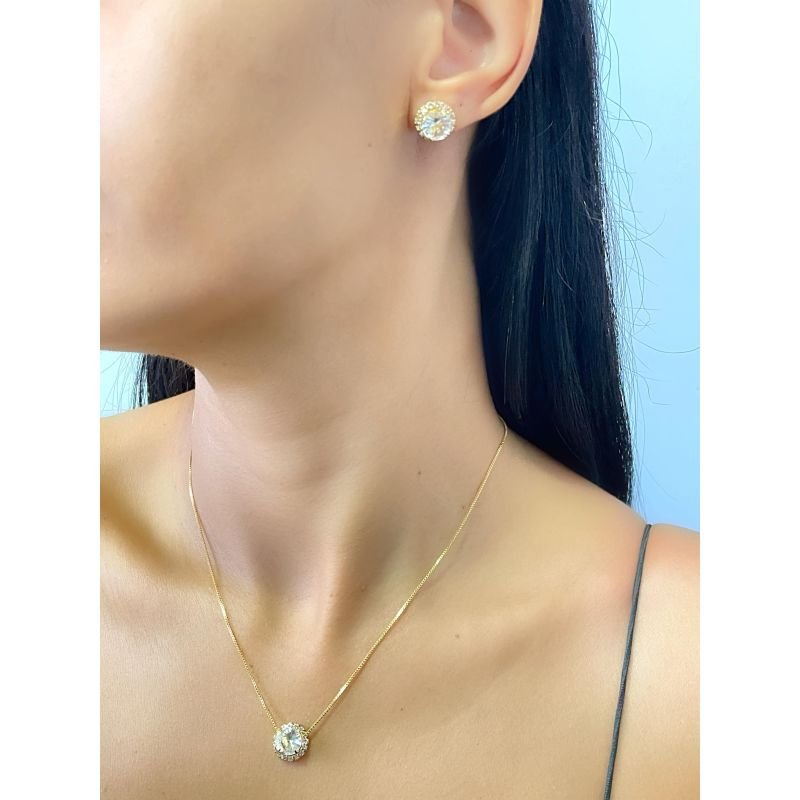 Conjunto de colar e brinco com zircônia redonda cristal e microzircônias banhado em ouro 18k