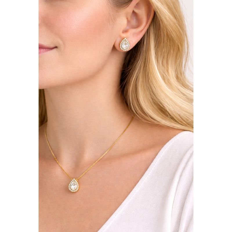 Conjunto de colar e brinco gota cristal e microzircônias banhado em ouro 18k