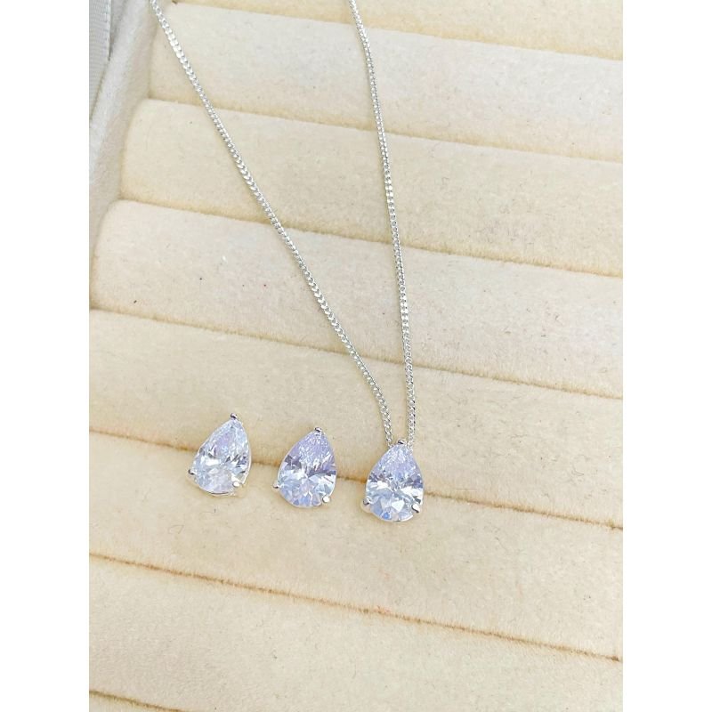 Conjunto de colar e brinco zircônia gota cristal em prata 925