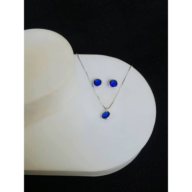 Conjunto de colar e brinco zircônia redonda azul bic em prata 925