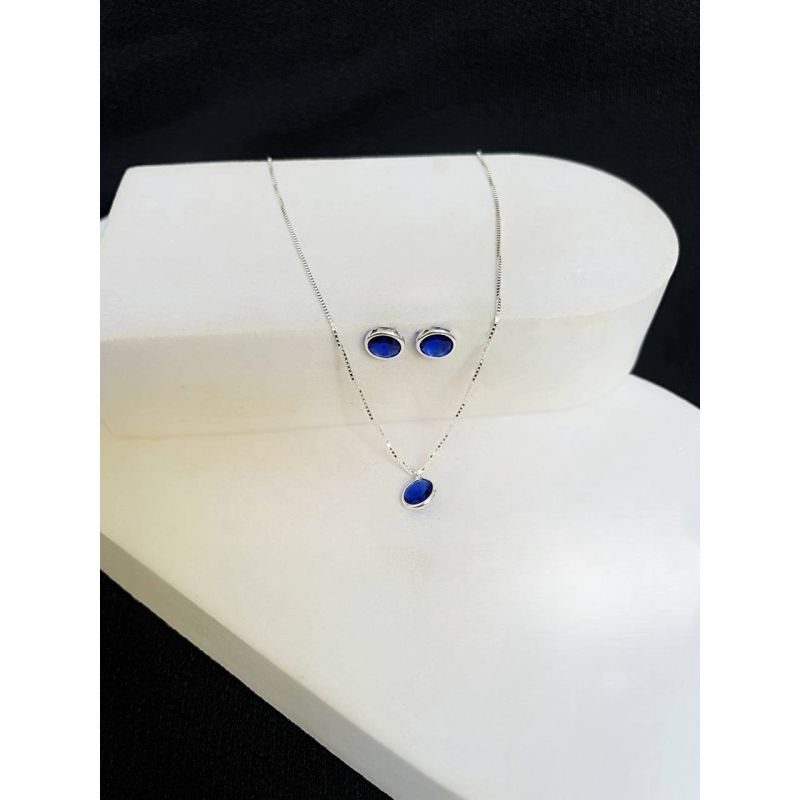 Conjunto de colar e brinco zircônia redonda azul bic em prata 925