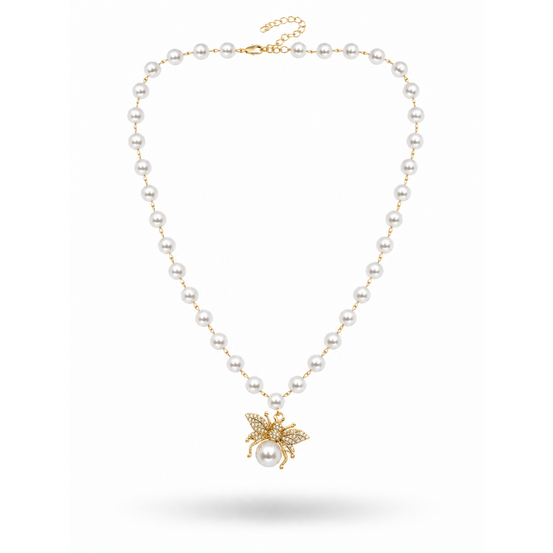 Conjunto de Colar e Brincos Pérolas com Abelha e Asas Microcravejadas banhada em ouro 18k