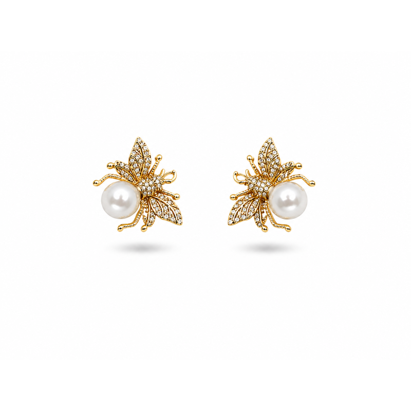 Conjunto de Colar e Brincos Pérolas com Abelha e Asas Microcravejadas banhada em ouro 18k