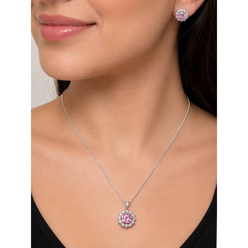 Conjunto Flor Rose com Halo de Microzircônias Banhado em Prata