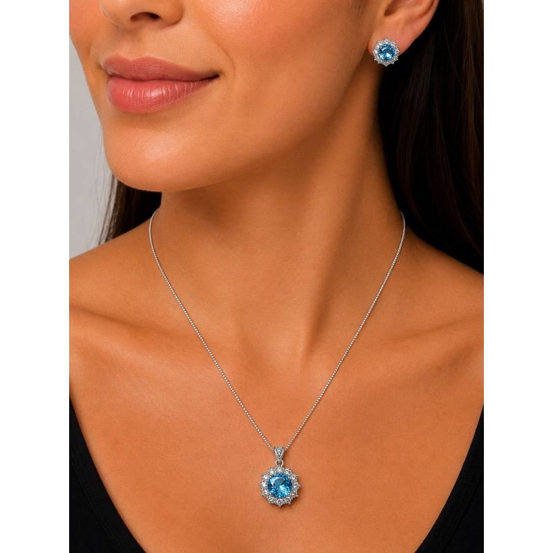 Conjunto Flor Sky Blue com Halo de Microzircônias Banhado em Prata