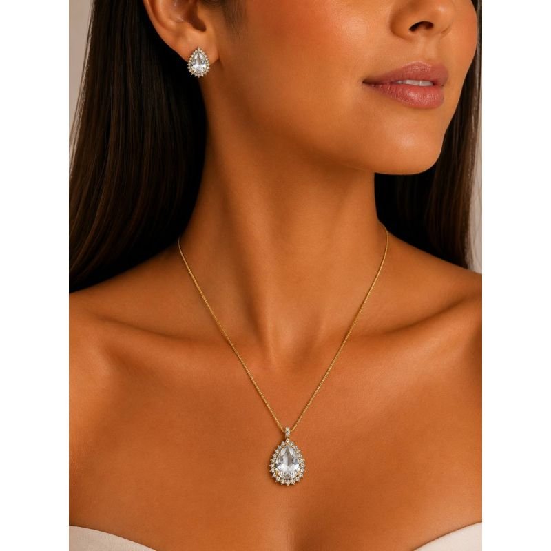 Conjunto Gota Cristal com Halo de Microzircônias Banhado em Ouro 18k