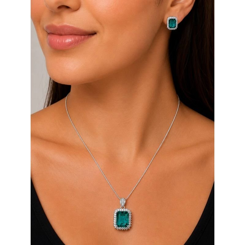Conjunto Retangular Colombiana com Halo de Microzircônias Banhado em Prata