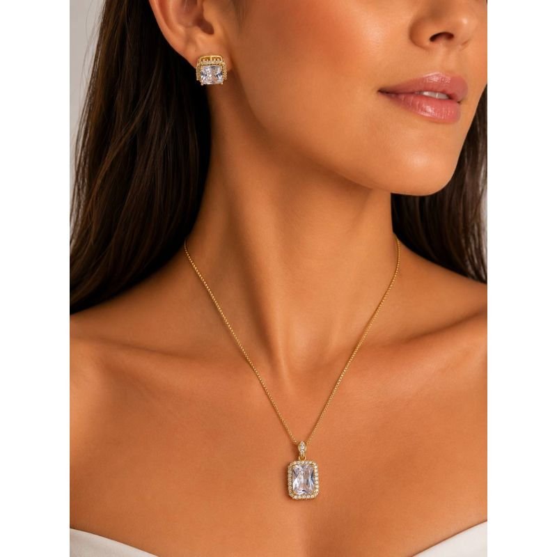 Conjunto Retangular Cristal com Halo de Microzircônias Banhado em Ouro 18k