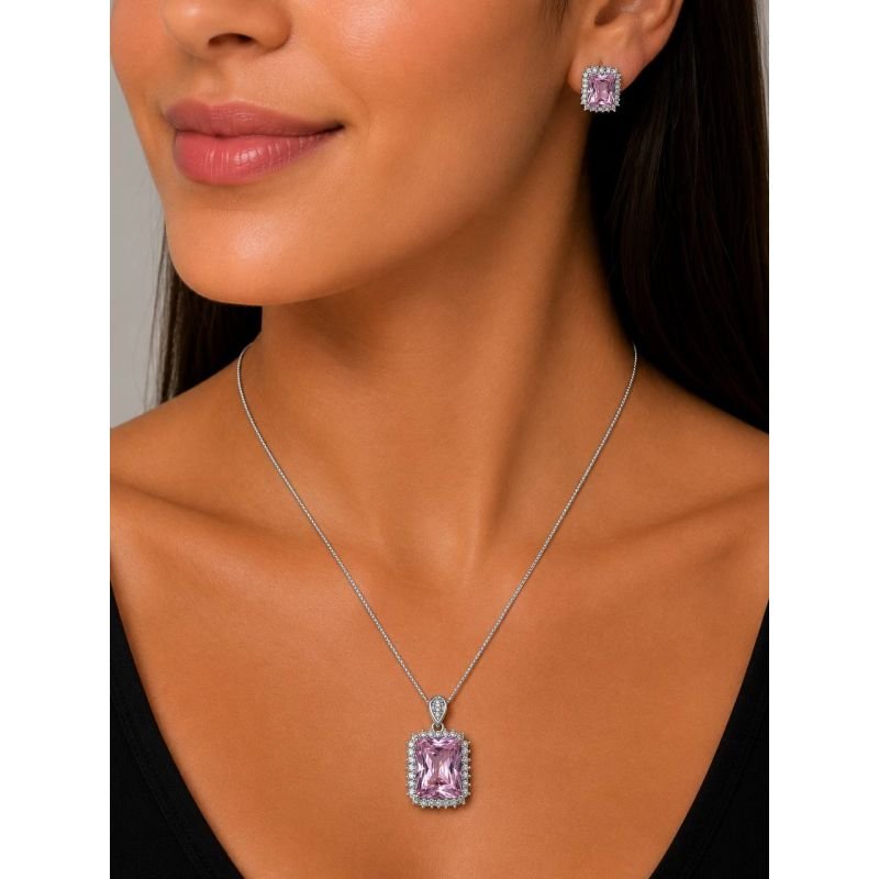 Conjunto Retangular Rose com Halo de Microzircônias Banhado em Prata
