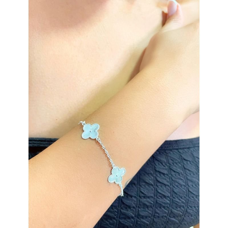 Pulseira de elos com quatro trevo listrado banhado em ródio branco