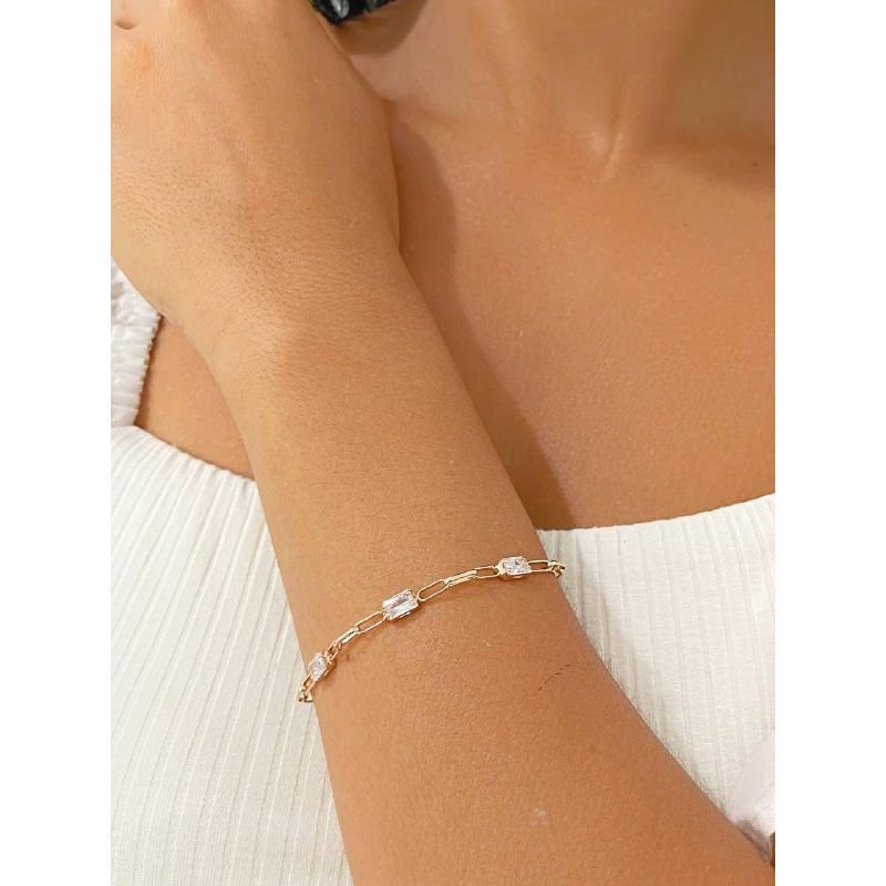 Pulseira de elos com zircônias retangulares cristais banhada em ouro 18k