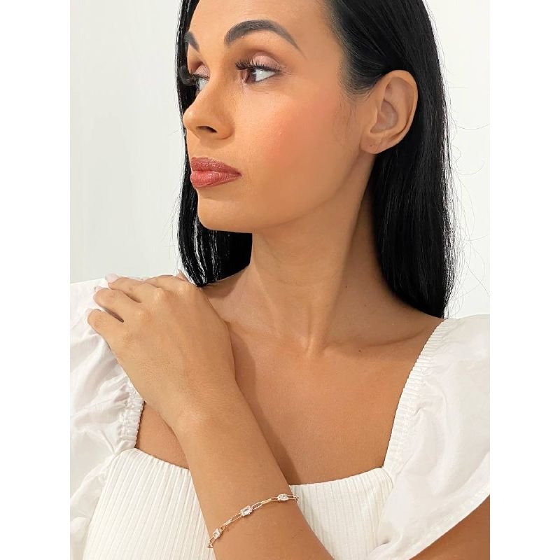 Pulseira de elos com zircônias retangulares cristais banhada em ouro 18k