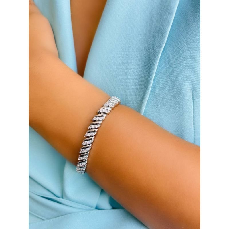 Pulseira elos preenchidos cravejado e liso banhado em prata