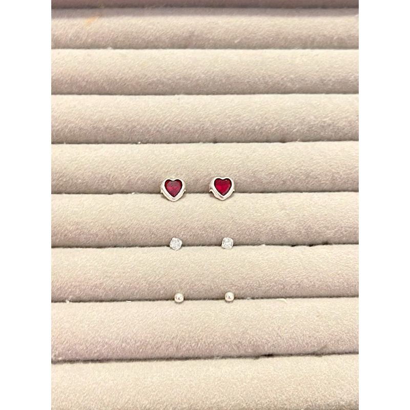 Trio de brinco coração rubi ponto de luz e bolinha em prata 925